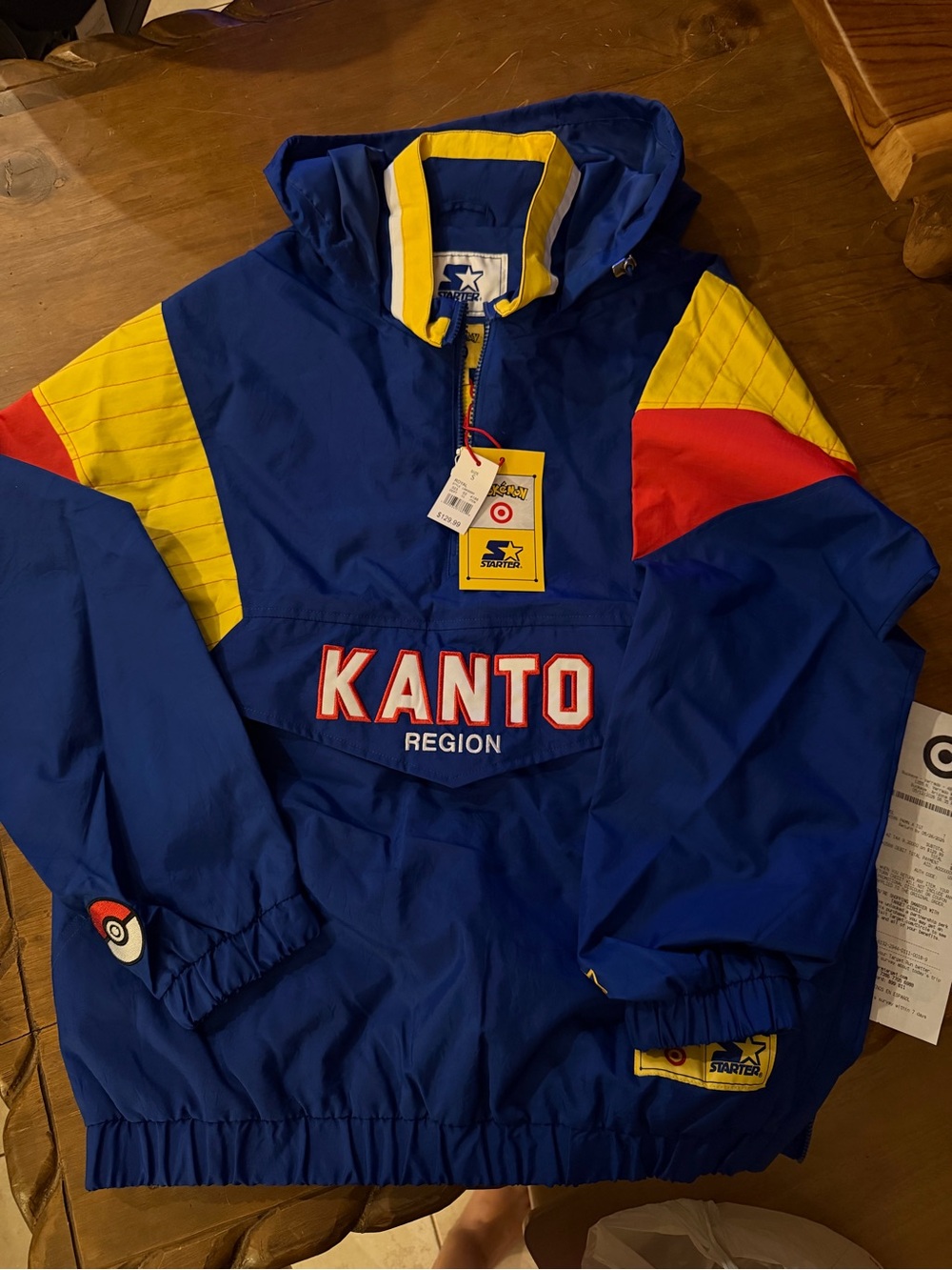 Size S (Fits Large) Pokemon Kanto Region Windbreaker Jacket in Blue Yellow & Red